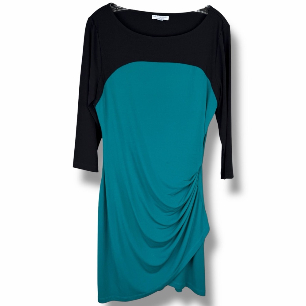 New York & Company Stretch Black Teal 3/4 Sleeve Tulip Mini Dress size Large